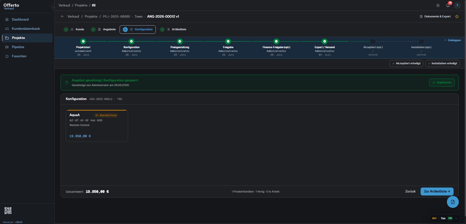Projekt-Ansicht mit dem dreistufigen Freigabe-Workflow